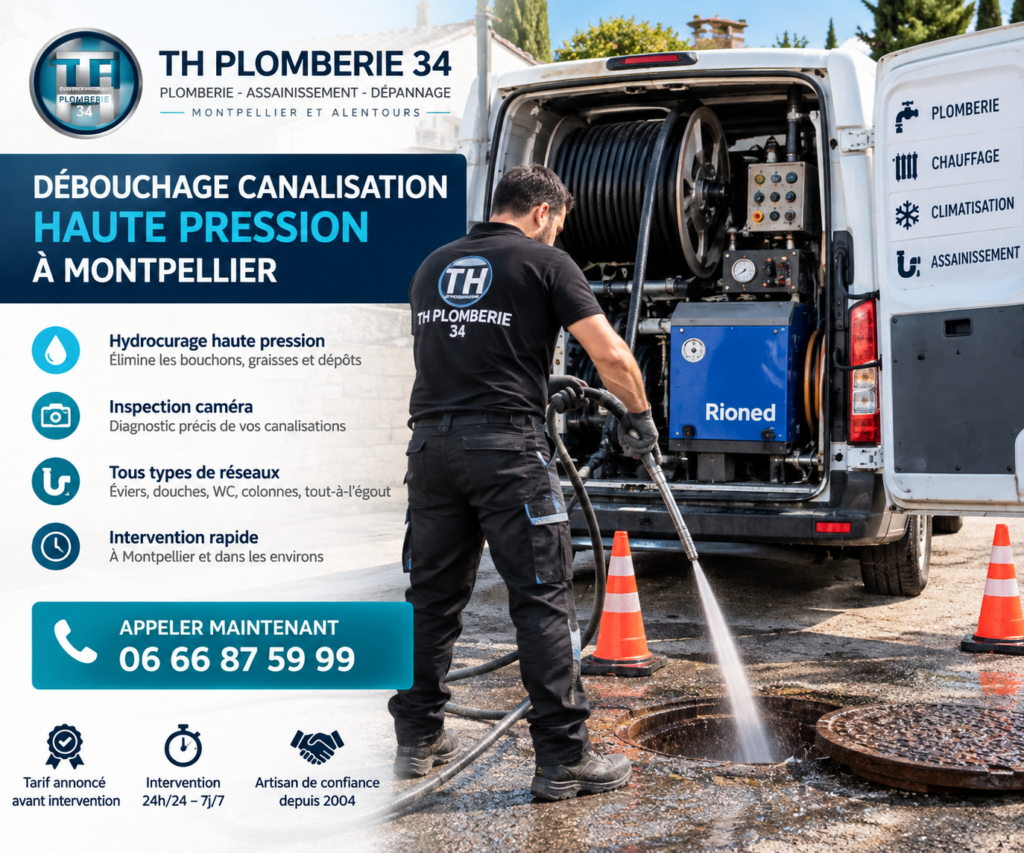 TH PLOMBERIE 34 dispose d’un équipement haute pression professionnel pour le débouchage